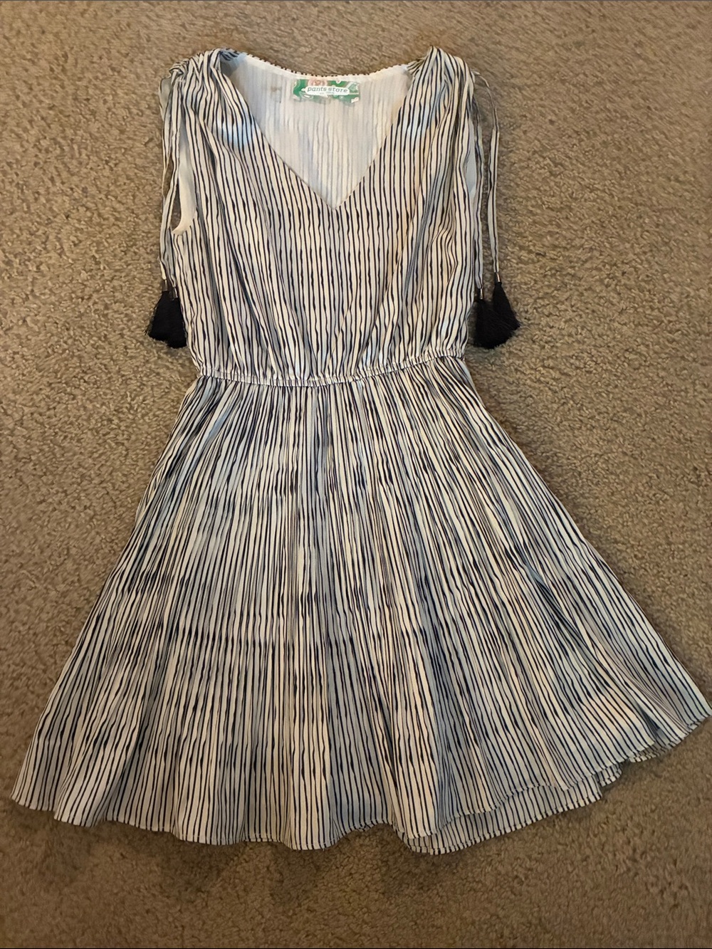 Sleeveless V-Neck Striped Fit & Flare Dress in White and Black